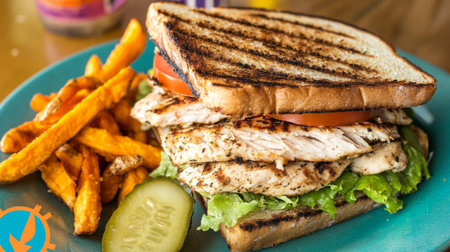 A vibrant grilled chicken sandwich served with crispy sweet potato fries, showcasing fresh ingredients and an appealing presentation perfect for any meal.の素材