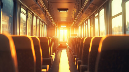 An empty bus interior showcasing rows of bright seats and modern amenities, with sunlight streaming through the windows, highlighting a clean and inviting space.の素材