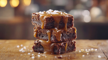 An artistic shot of brownies stacked on a rustic wooden table, drizzled with caramel sauce and sprinkled with sea salt for a gourmet touch.の素材