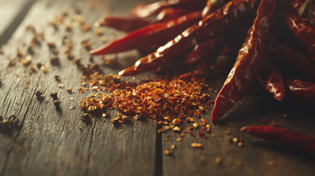 A close-up shot of various dried chili peppers, including crushed red pepper flakes and whole dried varieties, set against a rustic wooden table for texture.の素材