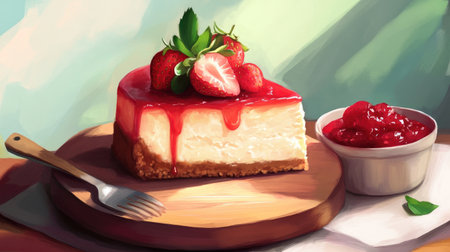A comforting scene of a slice of strawberry cheesecake served on a wooden board, accompanied by a small bowl of strawberry compote for extra flavor.の素材
