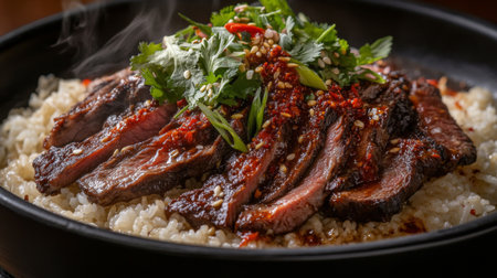 A mouthwatering plate featuring sliced steak resting on fluffy rice, garnished with fresh herbs and spices, offering a flavorful culinary experience.の素材