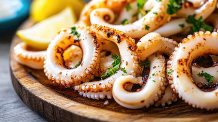 A close-up of perfectly grilled squid tentacles, glistening with a light marinade, served on a wooden platter with a sprinkle of fresh herbs and lemon wedges.の素材