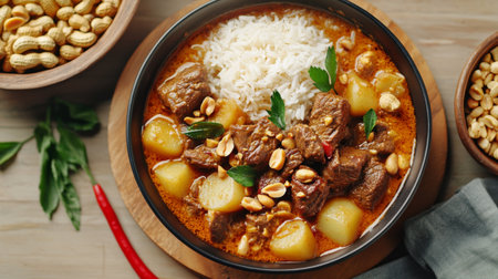 A vibrant bowl of beef curry topped with peanuts and served with rice, combining rich flavors and textures in a wholesome and appetizing dish perfect for any meal.の素材