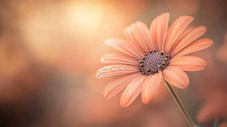 A stunning close-up of a delicate peach flower adorned with water droplets, set against a softly blurred background. Perfect for nature enthusiasts.の素材