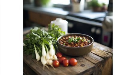 A cozy kitchen scene with a rustic wooden table featuring blanched vegetables elegantly arranged around a bowl of homemade chili dip, emphasizing a home-cooked feel.の素材