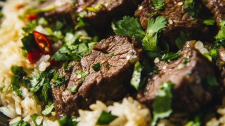 A close-up view of tender beef slices served on fluffy rice, garnished with vibrant herbs. This mouthwatering dish showcases fresh ingredients and rich flavors, perfect for any foodie.の素材