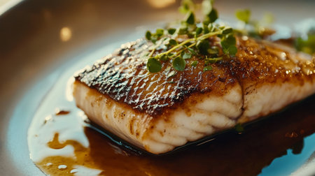 A beautifully grilled salmon fillet, garnished with fresh herbs and drizzled in a sweet honey glaze sauce, ideal for culinary inspiration and gourmet presentations.の素材