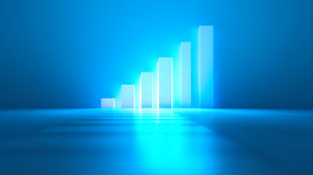 This abstract image features a growth graph with luminous bars on a blue background. It symbolizes progress and success in business and finance. Ideal for presentations.の素材
