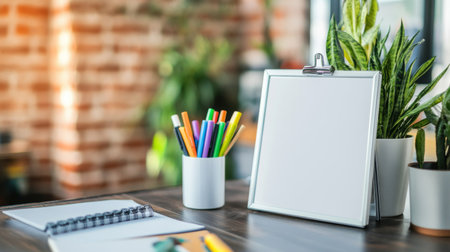 A serene workspace featuring a blank clipboard, colorful markers, and vibrant indoor plants. Perfect for inspiration and creativity in an office setting.の素材