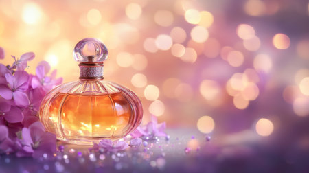 A stunning glass perfume bottle rests beside soft purple blooms, creating an elegant and luxurious ambiance. Soft bokeh lights enhance the beauty.の素材