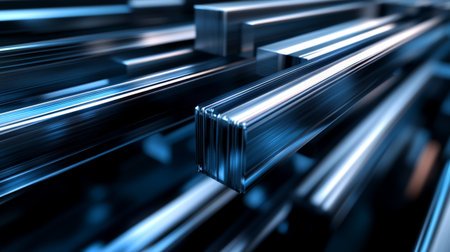 Captivating abstract image of metal bars illuminated by blue light, showcasing dynamic perspective and sleek lines, perfect for modern design projects.の素材