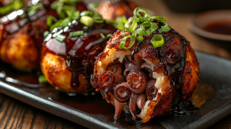 Savor the rich flavors of takoyaki, a popular Japanese dish featuring crispy balls filled with tender octopus, drizzled with sweet soy sauce and topped with green onion.の素材