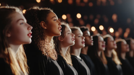 A vibrant performance featuring a diverse group of young female singers on stage, united in harmony and expression, beautifully lit by soft stage lights.の素材