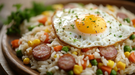 A vibrant plate of fried rice topped with a sunny-side-up egg, savory sausage, and fresh vegetables. Perfect for any meal of the day!の素材