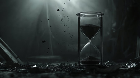 A haunting image of an hourglass surrounded by darkness, featuring sand gracefully falling. The dramatic lighting enhances the theme of time and stillness, inviting reflection.の素材
