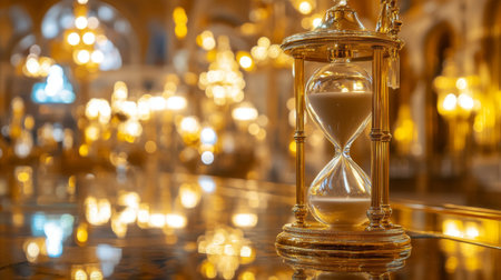 A beautifully crafted hourglass sits on a polished table, surrounded by golden bokeh lights, evoking a sense of elegance and timelessness. Perfect for concepts around time.の素材