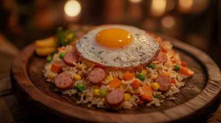 A delectable plate of fried rice featuring a sunny side up egg and sliced sausage. The colorful dish is served on a wooden platter, perfect for any meal.の素材
