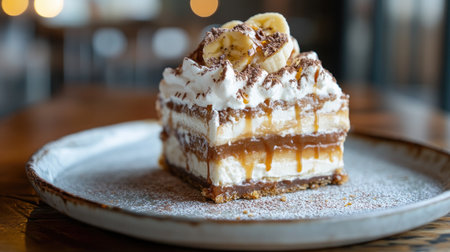 A decadent slice of banoffee pie showcasing layers of banana, toffee, and whipped cream, beautifully plated on a rustic wooden table.の素材