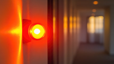 A fire alarm signal light glowing red in an office building during a drill, emphasizing preparedness and the importance of fire safety education.の素材