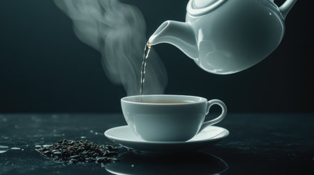 A minimalist scene with a white teapot pouring tea into a matching cup, with steam rising and a few loose tea leaves on a sleek black surface.の素材
