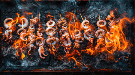 A dynamic shot of a grill filled with skewers of grilled squid, with smoky flames and charred edges creating an enticing visual of outdoor cooking.の素材