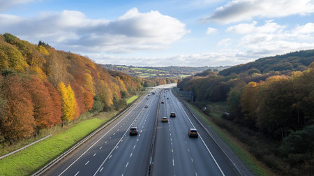 A picturesque view of a motorway lined with vibrant autumn trees, showcasing a colorful landscape as vehicles travel along the road.の素材