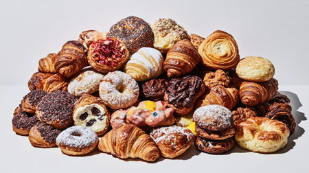 A pile of croissants with varying shapes and sizes, artfully arranged against a clean white backdrop, showcasing the artisanal quality of each pastry.の素材
