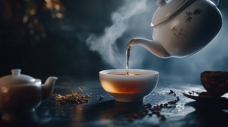 A minimalist scene with a white teapot pouring tea into a matching cup, with steam rising and a few loose tea leaves on a sleek black surface.の素材