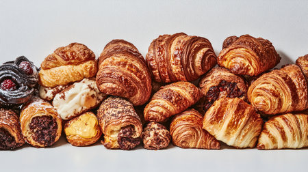 A pile of croissants with varying shapes and sizes, artfully arranged against a clean white backdrop, showcasing the artisanal quality of each pastry.の素材