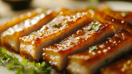 Indulge in the rich flavors of glazed pork belly, beautifully presented with fresh herbs and garnishes. Perfect for gourmet dining or special occasions.の素材