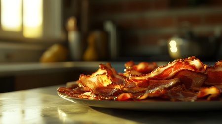 A close-up of crispy bacon strips beautifully arranged on a plate, capturing the inviting warmth of a kitchen at sunset. Perfect for food lovers!の素材