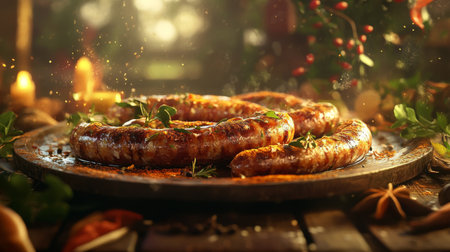 A beautifully arranged platter of grilled sausages garnished with fresh herbs, capturing the essence of warmth and deliciousness in a cozy setting.の素材