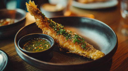 A beautifully plated crispy fried fish fillet garnished with fresh herbs, served alongside a spicy dipping sauce. Perfect for culinary delight.の素材