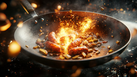 A dynamic cooking scene featuring sausages sizzling in a pan. Flames and spices create an energetic and flavorful atmosphere, perfect for culinary enthusiasts.の素材