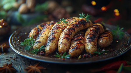 A mouthwatering display of perfectly grilled sausages arranged on a rustic plate, garnished with fresh herbs and surrounded by aromatic spices. Perfect for a delicious meal.の素材