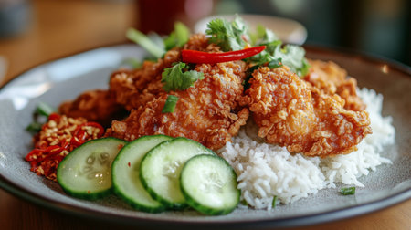 A delectable plate featuring crispy fried chicken served on a bed of fluffy rice, garnished with fresh cucumbers, red chili, and cilantro for a delightful flavor.の素材