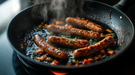 Juicy sausages sizzle in a frying pan, surrounded by colorful diced vegetables. Steam rises, enhancing the delicious aroma of this savory meal.の素材