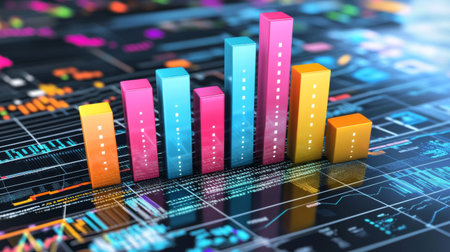 A vibrant bar graph stands prominently against a digital interface, showcasing data trends and statistics. Ideal for business and finance themes.の素材