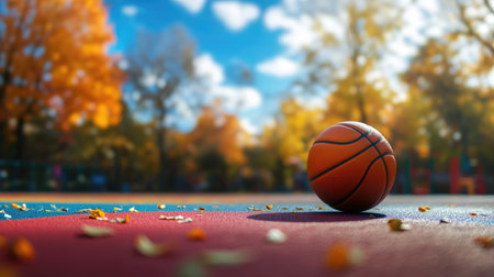 A scenic shot of a basketball bouncing on a playground court, with colorful markings and a blurred background of trees and blue sky.の素材