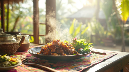 A sizzling hot plate of crispy pork served on a bright tablecloth, with steam rising and showcasing the deliciousness of this beloved dish.の素材
