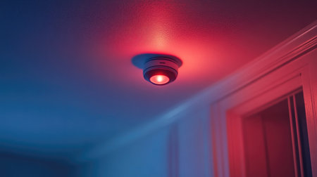 A smoke detector installed on a ceiling, with its small red light glowing, illustrating a common household safety feature in a well-lit room.の素材