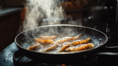 A side angle of gyoza sizzling in a hot skillet, with golden edges and steam rising, evoking a sense of warmth and delicious aroma in a cozy kitchen.の素材