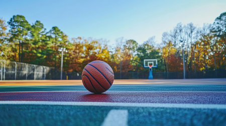 A scenic shot of a basketball bouncing on a playground court, with colorful markings and a blurred background of trees and blue sky.の素材