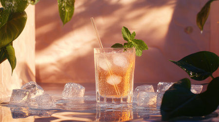A refreshing soda served in a vintage glass with a straw, surrounded by ice cubes and fresh mint leaves, evoking a summer vibe and relaxation.の素材