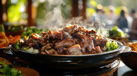 A steaming platter of crispy pork with glistening skin, served on a traditional Thai-style table setting, evoking a sense of warmth and flavor.の素材