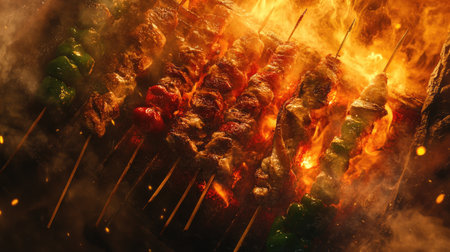 A steaming hot barbecue grill filled with skewered meats, glistening from the heat, surrounded by vibrant red and green peppers for added color.の素材