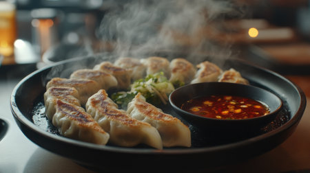 A steaming platter of gyoza next to a bowl of spicy dipping sauce, with steam rising, highlighting the warmth and inviting nature of the dish.の素材