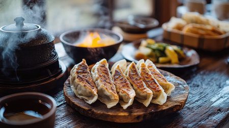 A rustic wooden table with a spread of freshly cooked gyoza, accompanied by pickled vegetables and a steaming cup of tea, creating a comforting atmosphere.の素材