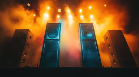 A set of powerful stage speakers in a concert venue, with colorful lights around, capturing the atmosphere of live music or a public event.の素材